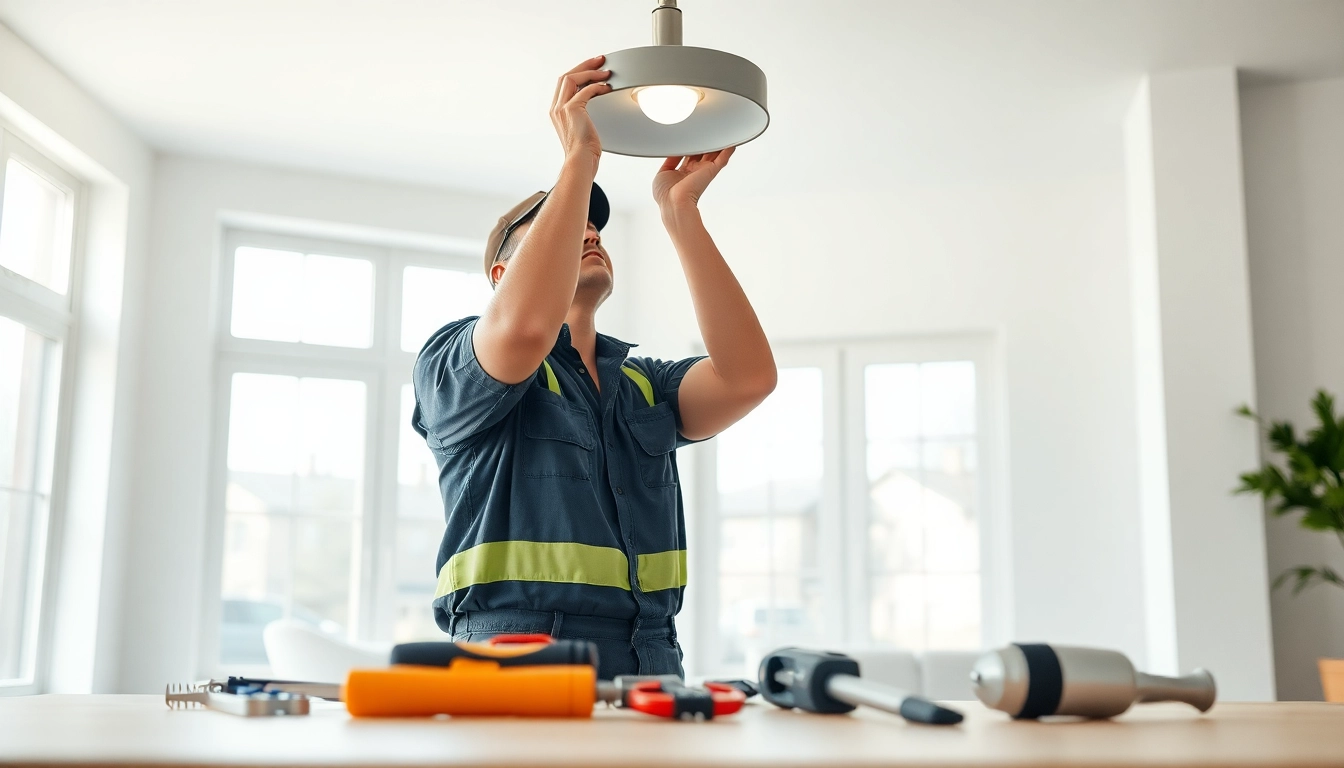 Electrician Clearwater installing a ceiling light fixture in a bright residential room