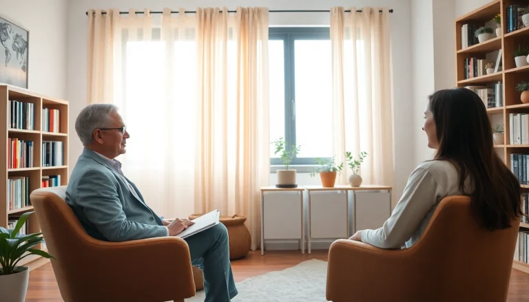 Psychologist engaging with a client in a calming office setting.