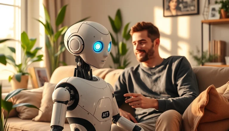 Engaging AI Friend interacting with a human in a cozy living room.