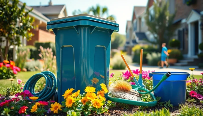 Wheelie Bin Cleaning Services showcasing a shining wheelie bin amidst vibrant flowers.