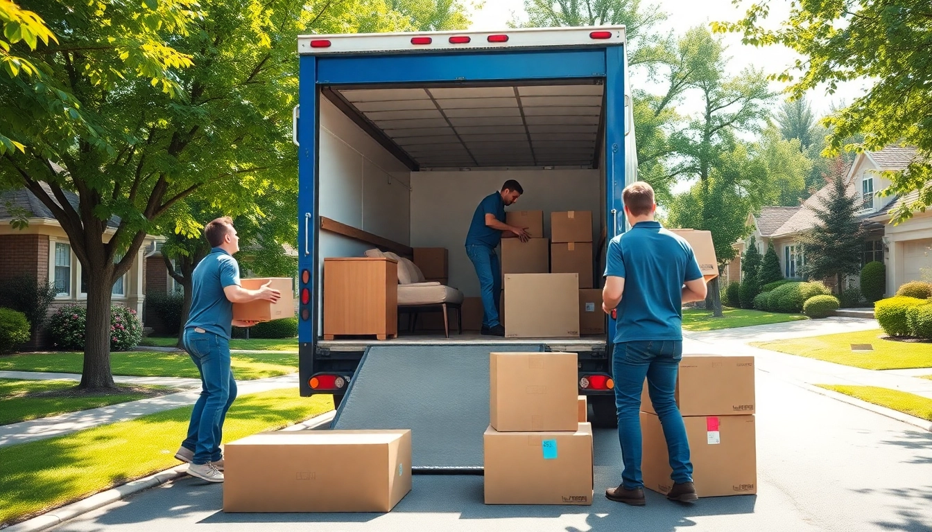 Trustworthy movers from https://bennettsmoving.com/ loading furniture into a spacious truck in a bright neighborhood.