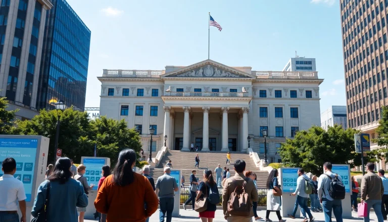 Citizens engaging with Government services near an impressive building in a city.