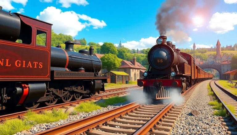 Experience the excitement of railroad tycoon free download with vintage steam trains and a vibrant railway landscape.