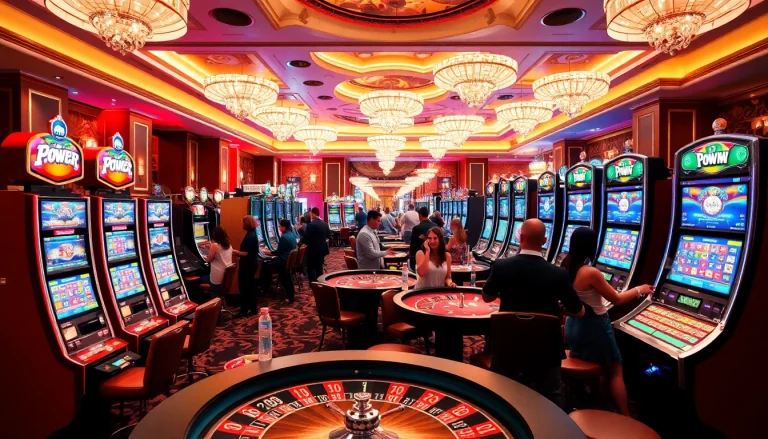 Experience the excitement of TPower casino's vibrant gaming environment with engaged players and luxurious decor.