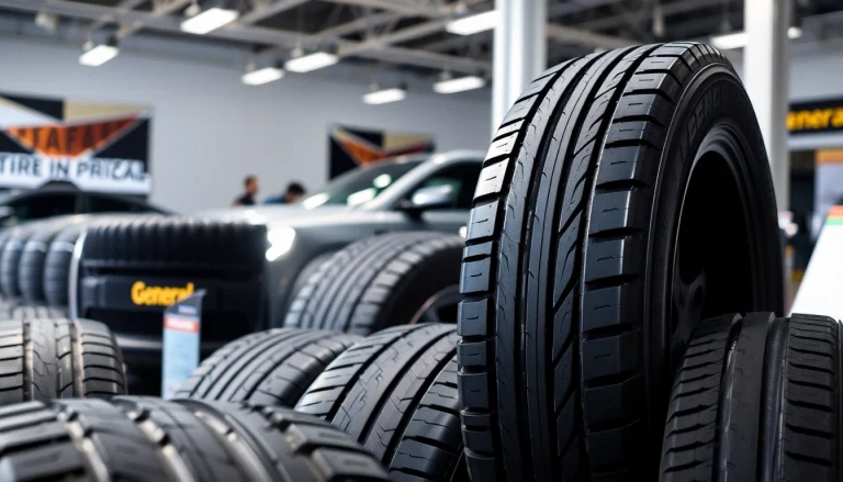 Showcase of General tires highlighting their quality and design features in a showroom setting.