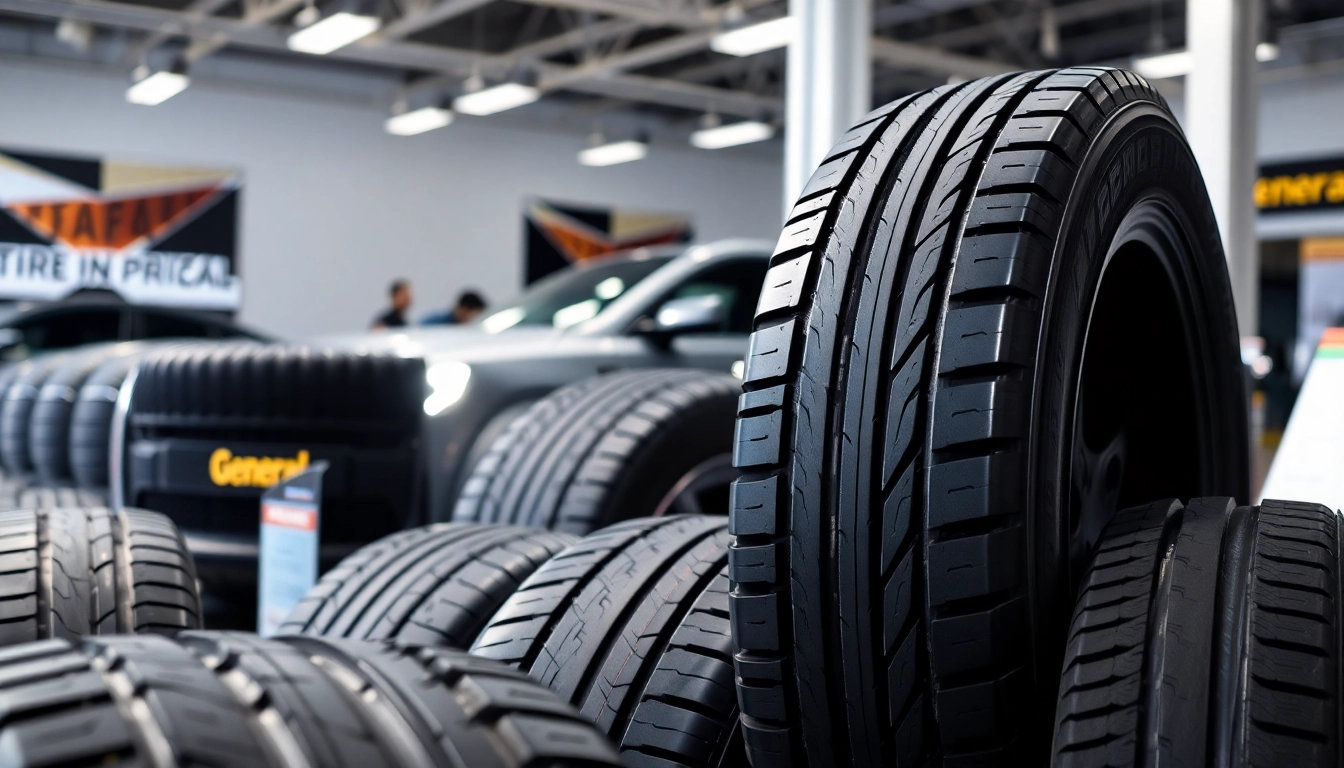 Showcase of General tires highlighting their quality and design features in a showroom setting.