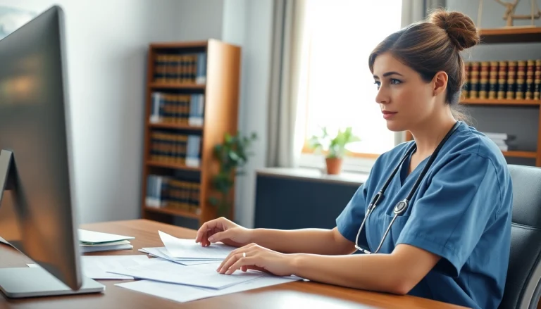 Engaged nurse discussing VDAP with a legal advisor in a bright, professional office setting.