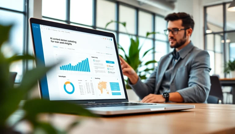 Engage with an effective AI content marketing platform showcased in a modern workspace for strategic insights.
