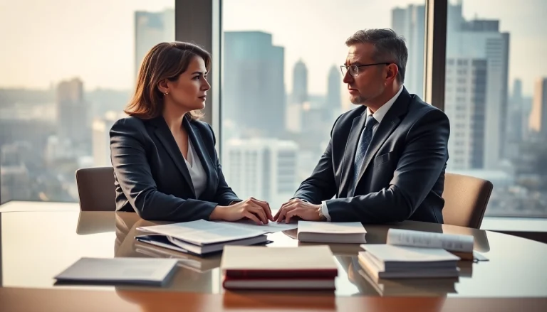 Eminent domain lawyer provides legal counsel to a client in an office.