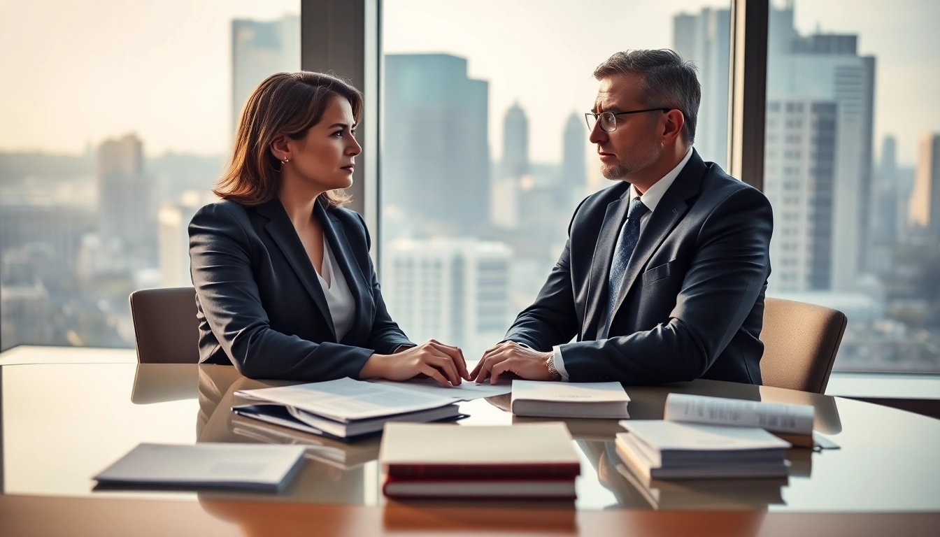 Eminent domain lawyer provides legal counsel to a client in an office.
