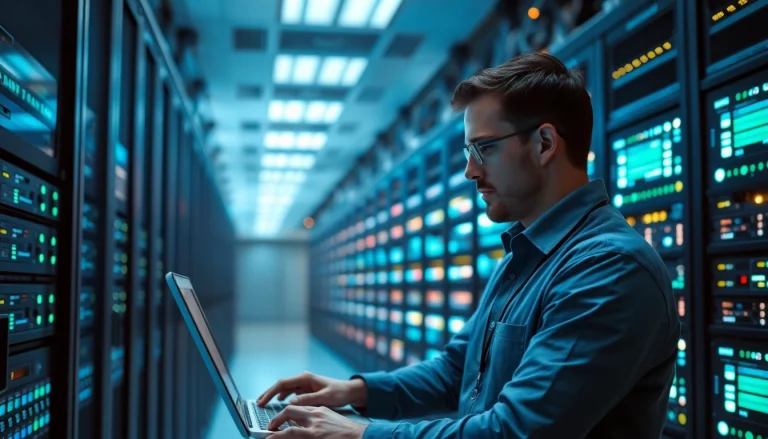 Showcasing a professional managing IT services in a state-of-the-art data center environment.