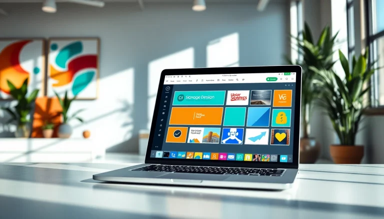 Design signage using a Canva alternative for signage software, showcasing colorful templates on a sleek laptop.