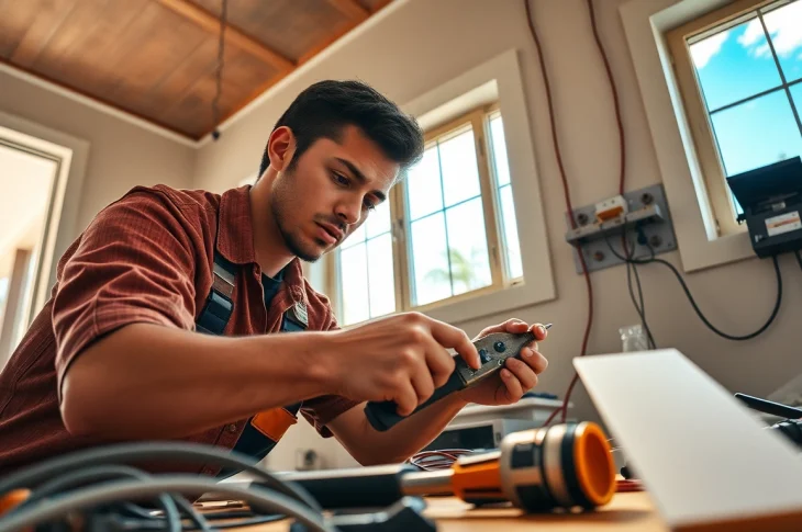 Electrician apprenticeship Hawaii showcasing an apprentice wiring a house in a sunny environment.