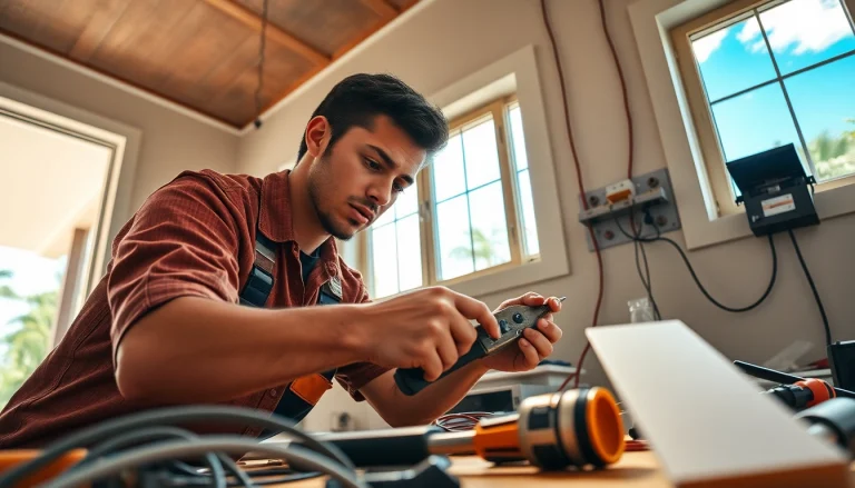 Electrician apprenticeship Hawaii showcasing an apprentice wiring a house in a sunny environment.