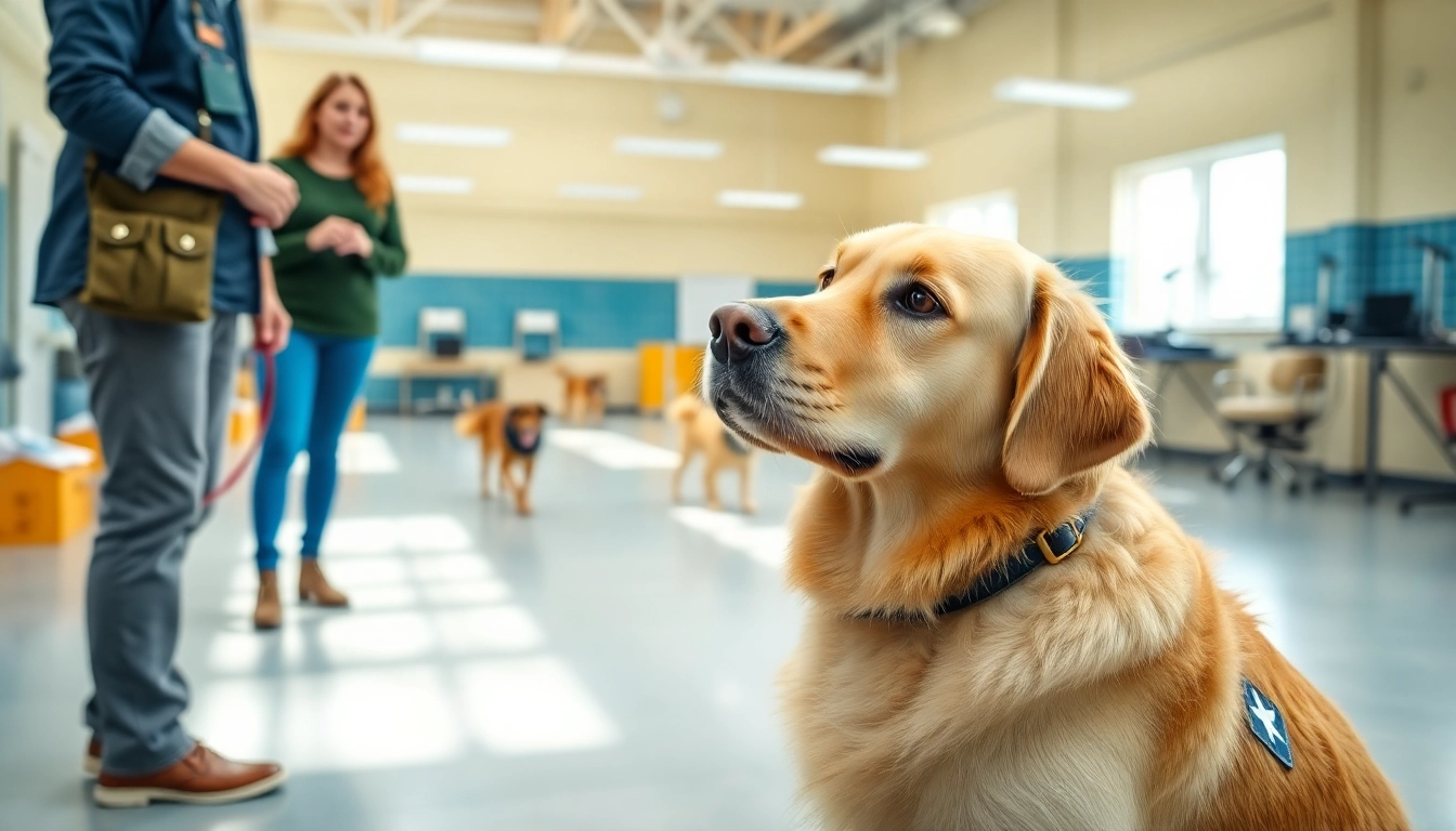 Buy a service dog during training session in a bright facility with a trainer and dog.