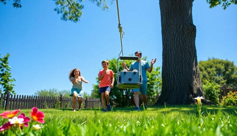 Kids enjoying the GARDEN ZIP WIRE KIT in a bright backyard with parents assisting.