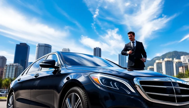 Experience Chauffeur service Vancouver with a professional driver and a luxury car against the city backdrop.