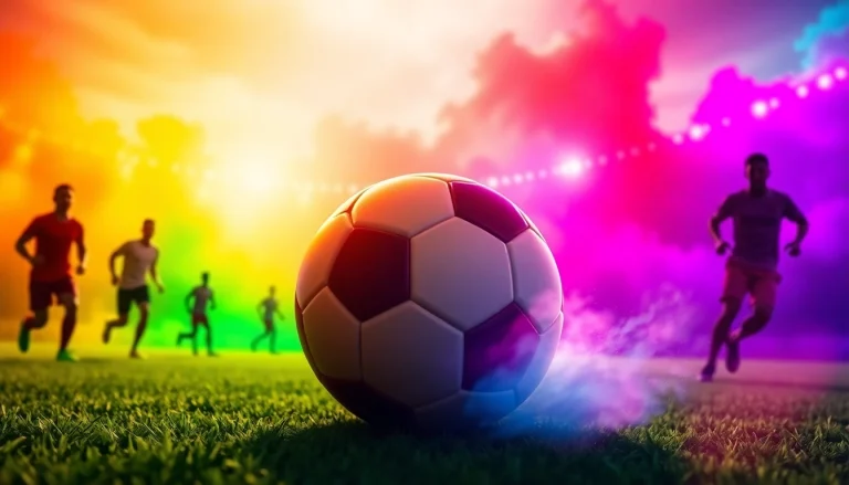 Players enjoying judi bola on a vibrant soccer field with a soccer ball in motion.