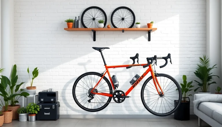 Showcase of Indoor bike storage with a stylish wall-mounted rack and two colorful bikes.