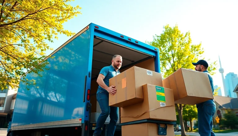 Movers in Toronto expertly loading a truck with boxes against a city backdrop.