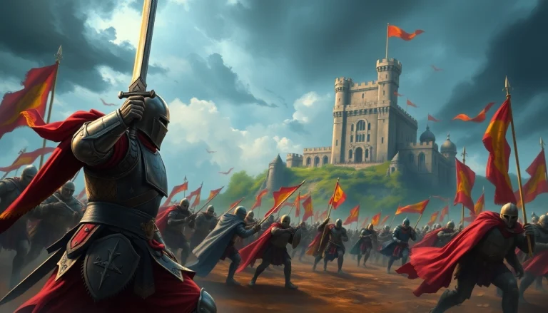 Intense scene of a medieval battlefield in the warlords 2 game featuring armored knights and a castle.