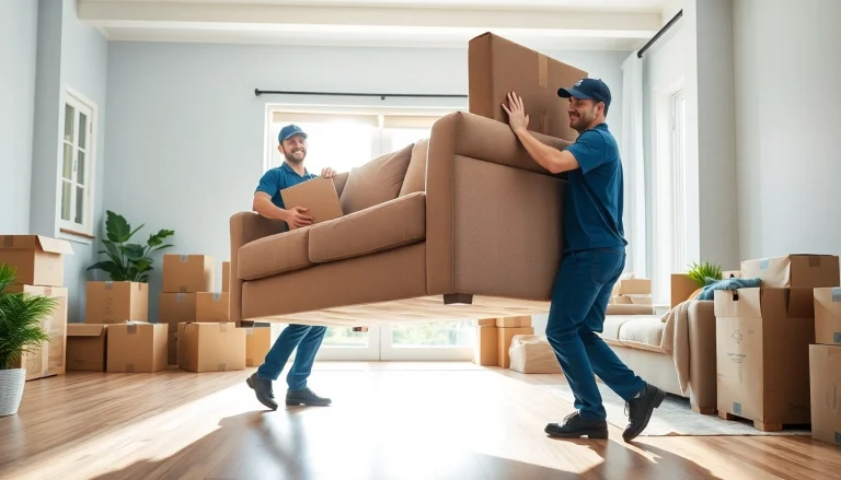 Movers Calgary carefully lifting furniture while packing boxes in a bright room