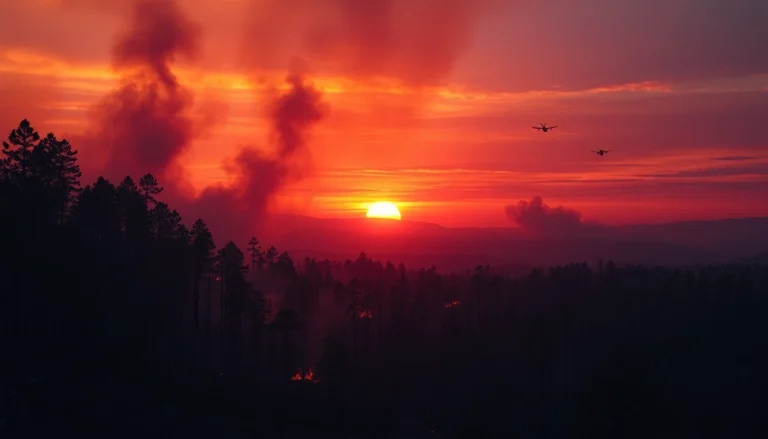 Illustration of wildfire events devastating a forest landscape, capturing the impact of fire and smoke.
