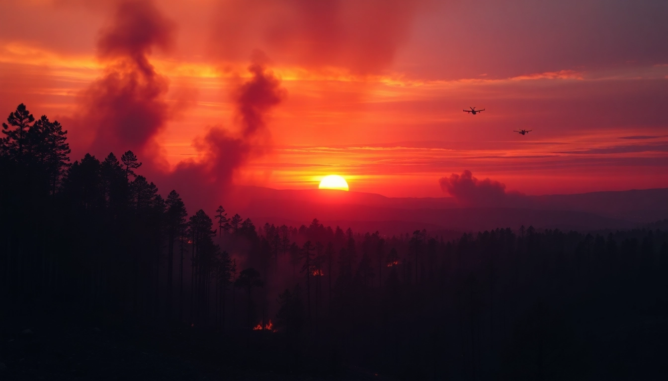 Illustration of wildfire events devastating a forest landscape, capturing the impact of fire and smoke.