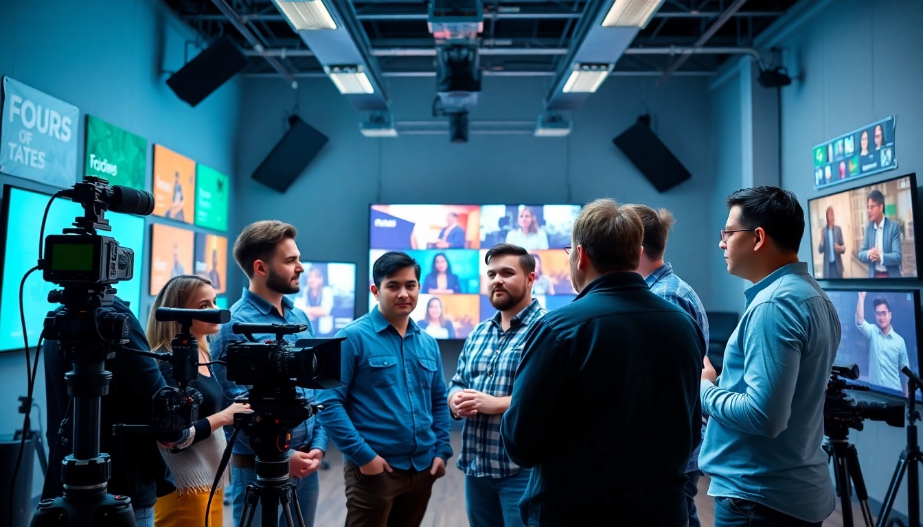 Crowdfunding video production team brainstorming and creating content in an energetic studio.