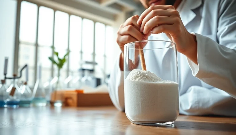 Mixing Methyl Hydroxyethyl Cellulose in a laboratory glass beaker with natural light.