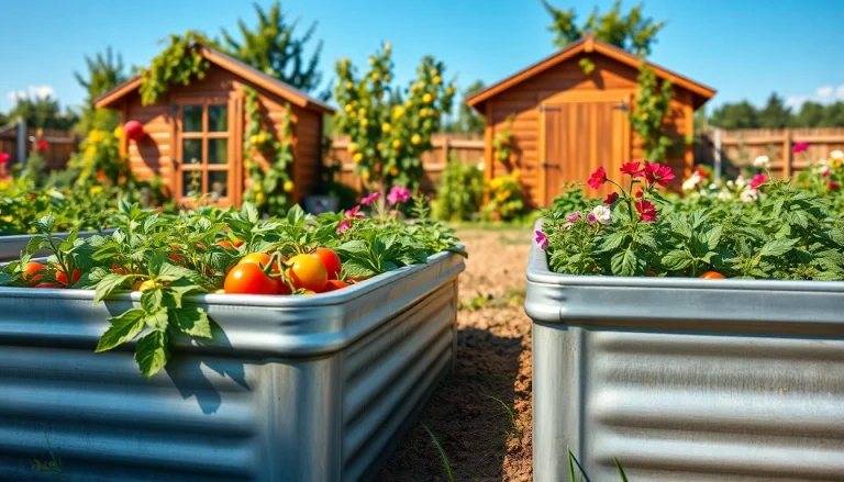 Explore galvanized raised beds flourishing in a vibrant garden setting filled with vegetables and flowers.
