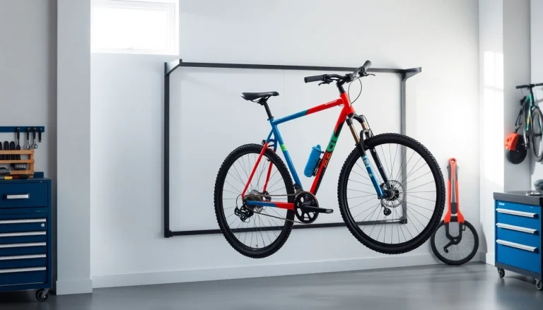 Bike rack for home showcasing a modern wall-mounted design with a mountain bike in an organized garage.