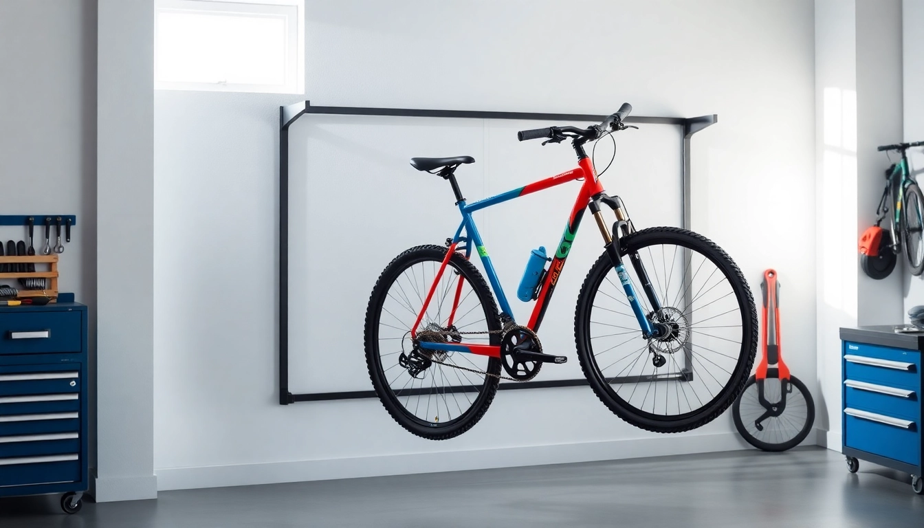 Bike rack for home showcasing a modern wall-mounted design with a mountain bike in an organized garage.