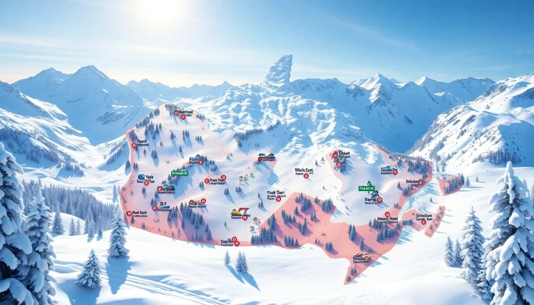 Ski map of Canada highlighting top ski resorts and trails in a vibrant winter landscape.