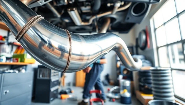 Installing downpipe b58 with a focus on stainless steel and tools in an automotive workshop.