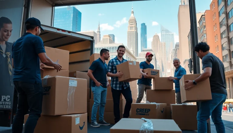 Queens movers packing furniture during a lively move in a cityscape of Queens.