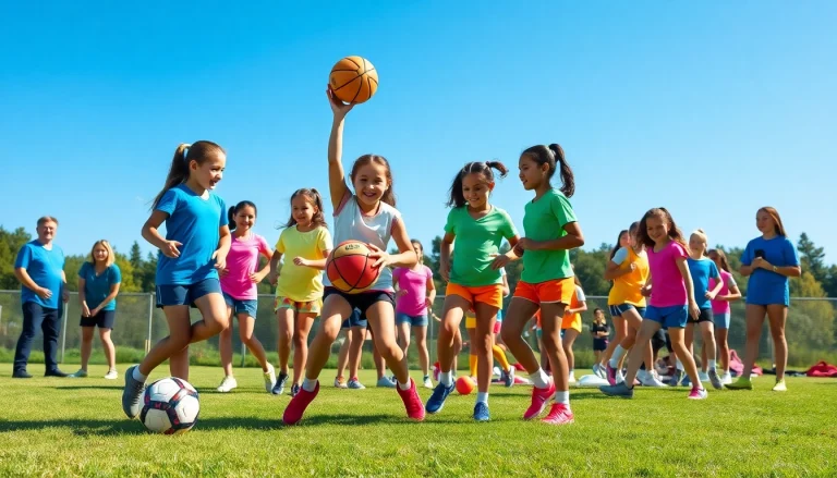 Girls participating in Multi Sports Camps for Girls, showcasing athletics and teamwork in a vibrant setting.