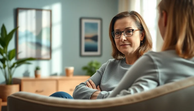 Psychologist interacting warmly with a client in a comforting therapy environment.