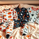 Browse Halloween pajamas with whimsical designs and cozy textures displayed on a welcoming bed.