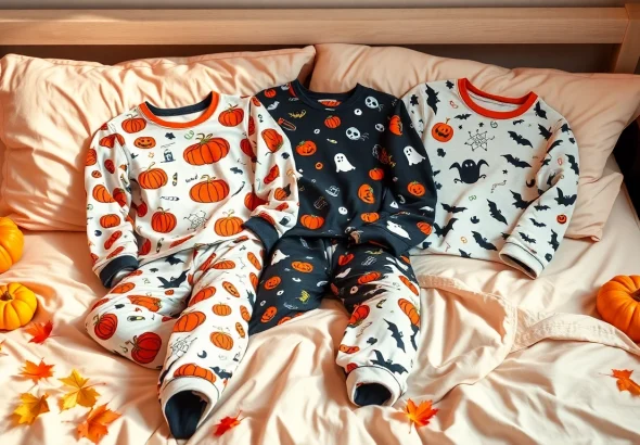 Browse Halloween pajamas with whimsical designs and cozy textures displayed on a welcoming bed.