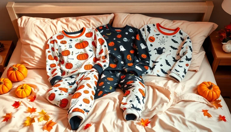 Browse Halloween pajamas with whimsical designs and cozy textures displayed on a welcoming bed.