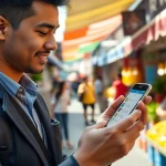Activating esim Thailand on a smartphone at a busy Bangkok market.