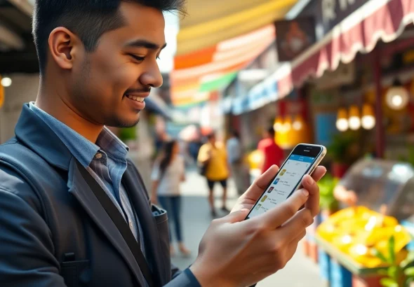 Activating esim Thailand on a smartphone at a busy Bangkok market.