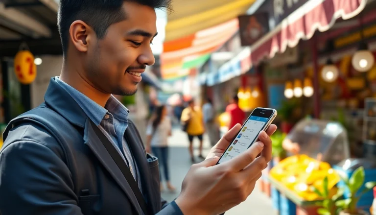 Activating esim Thailand on a smartphone at a busy Bangkok market.