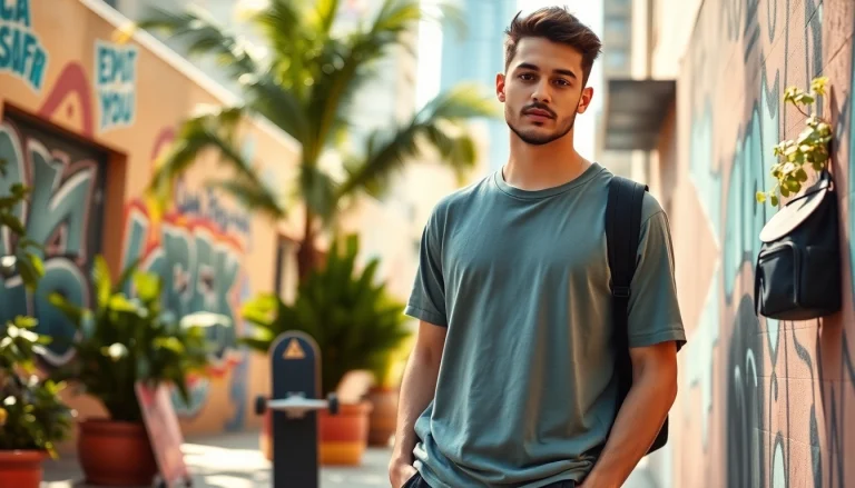 Showcase of a model wearing a drop shoulder t shirt in a vibrant urban setting.