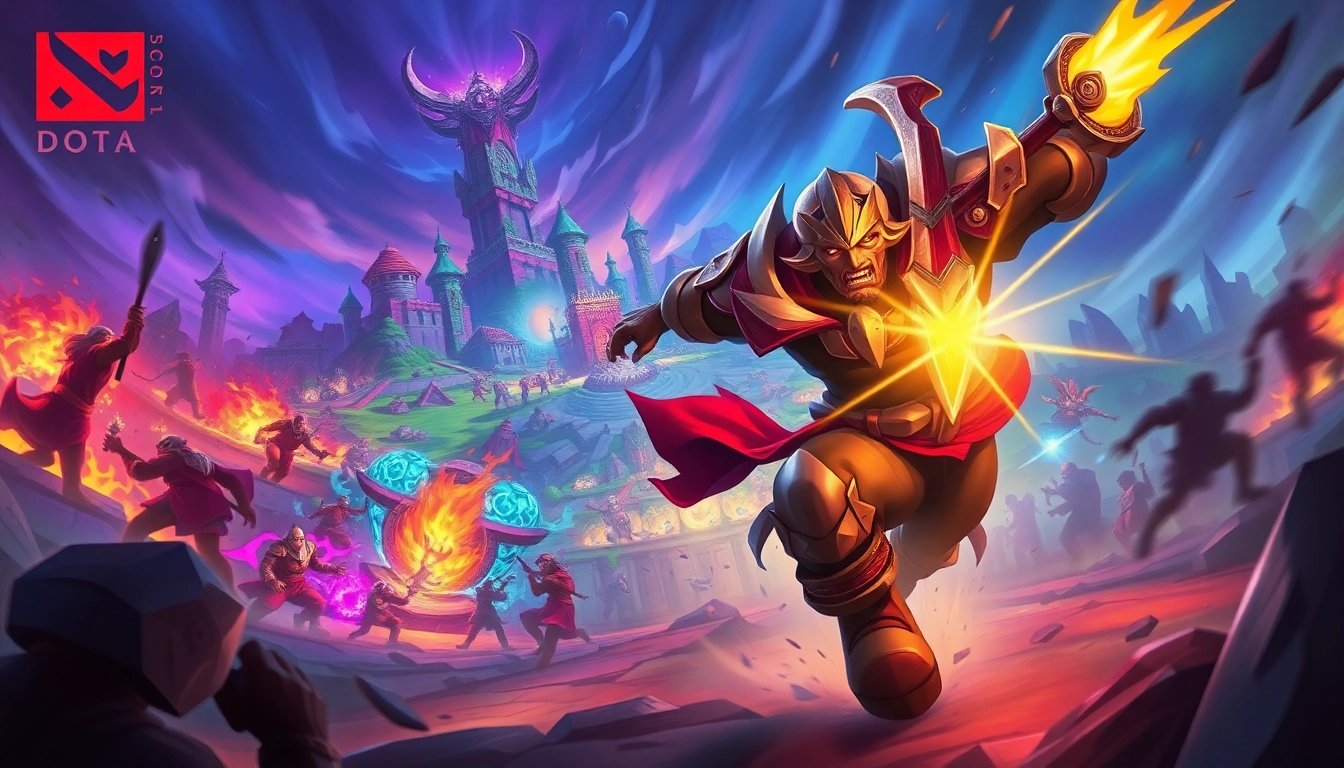 Dynamic Dota 2 battle scene featuring heroes in action amidst magical landscapes.