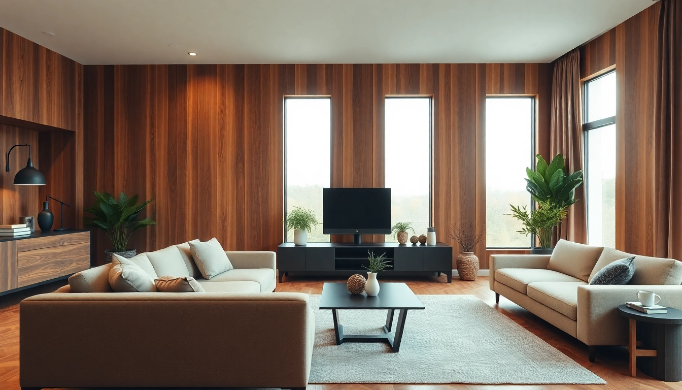Showcase of a modern wood feature wall in a beautifully designed living room setting.