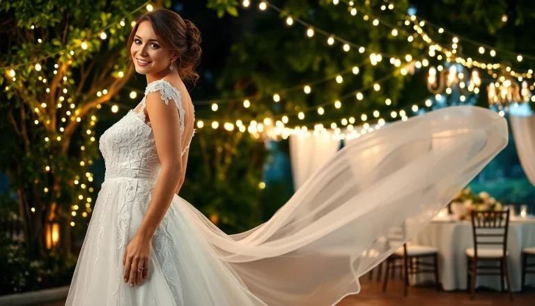 Bridal elegance shines in reception wedding dresses against a beautiful outdoor setting.