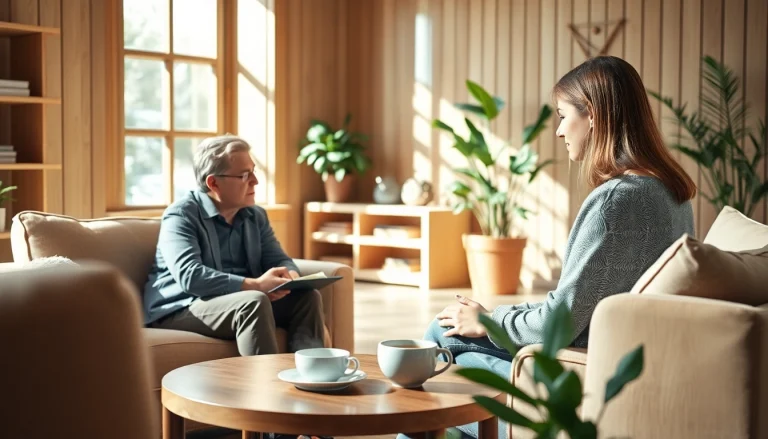 Engaging attachment theory coach supports client in a serene office for personal growth.