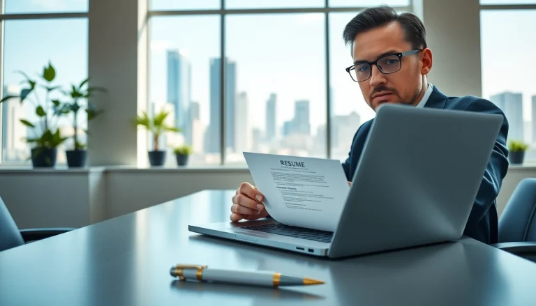 Headhunter Hagen bei der Arbeit an einem eleganten Schreibtisch mit Laptop und Lebenslauf.